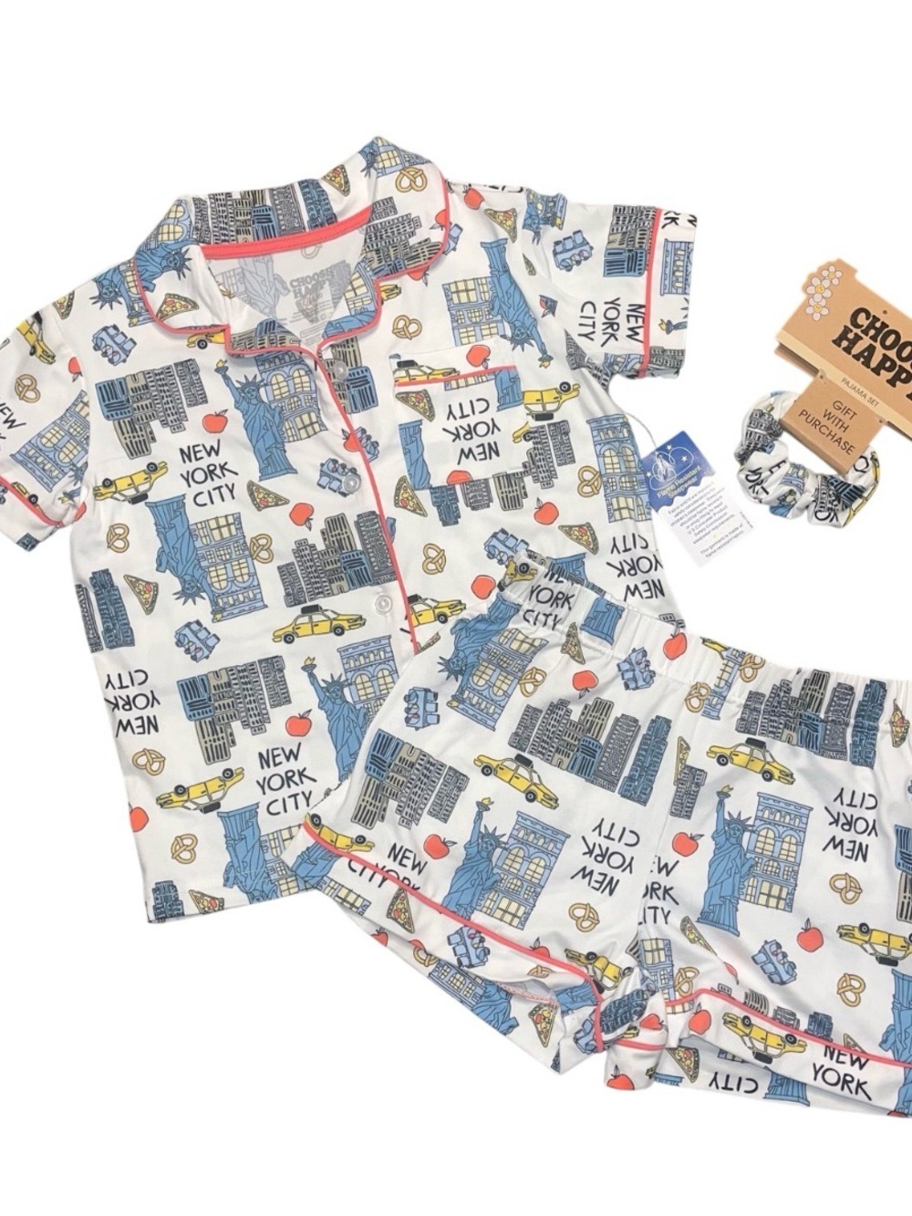 Choose Happy Pajama Boxer Set Girls 5/6 New York Button Up Scrunchie NWT Soft